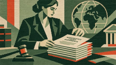 Юрист складывает документы кредитора в аккуратную стопку.
