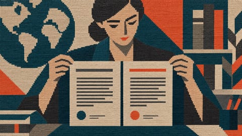 Переводчик держит рядом две страницы договора, выравнивая их верхние края.