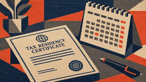 Сертификат налогового резидентства лежит рядом с открытым настольным календарём.