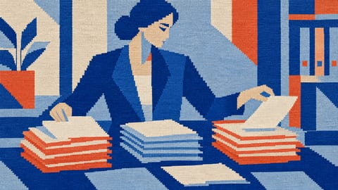 Переводчик раскладывает договорные документы по отдельным стопкам.