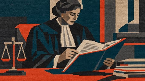 Судья листает папку с распечатками иностранных законов и судебных решений.