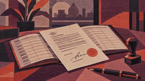 Подписанная доверенность лежит поверх раскрытого корпоративного реестра