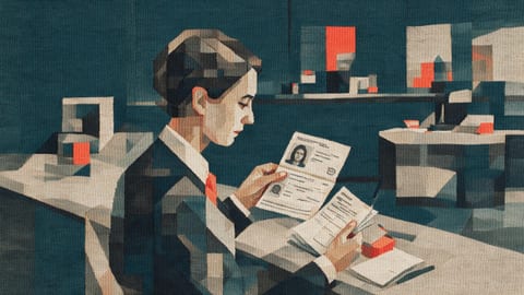 Сотрудник банка сравнивает перевод паспорта с папкой подтверждающих документов